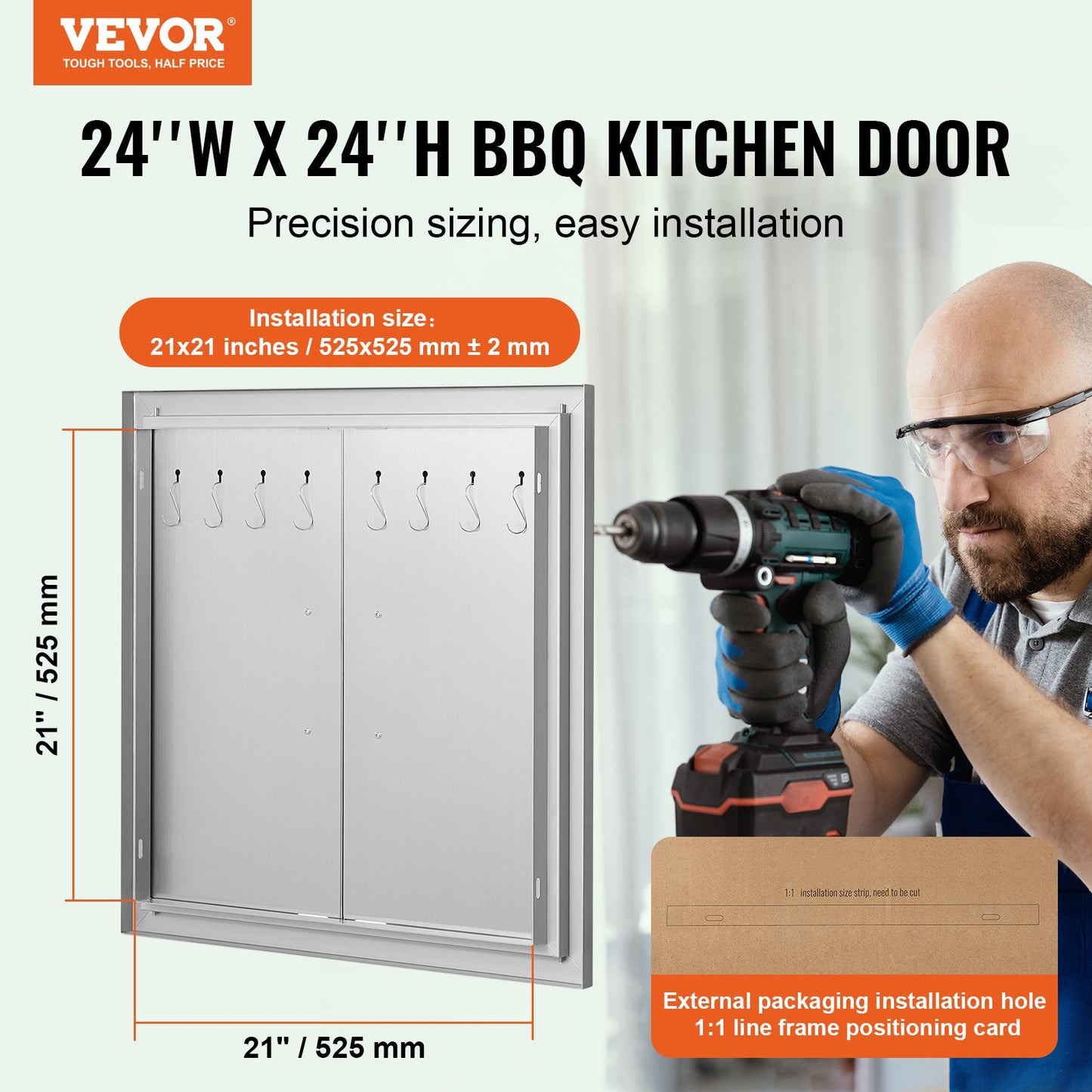 BBQ Access Door, 610x610 mm Double Outdoor Kitchen Door, Stainless Steel Flush Mount Door, Double Wall Vertical Door with Handles and Hooks, for BBQ Island, Grilling Station, Outside Cabinet