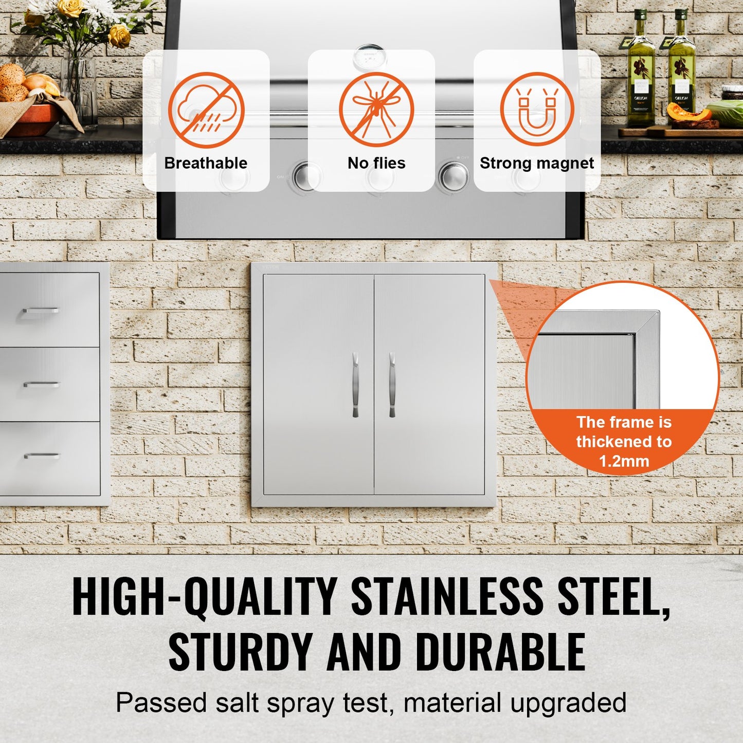 BBQ Access Door, 610x610 mm Double Outdoor Kitchen Door, Stainless Steel Flush Mount Door, Double Wall Vertical Door with Handles and Hooks, for BBQ Island, Grilling Station, Outside Cabinet