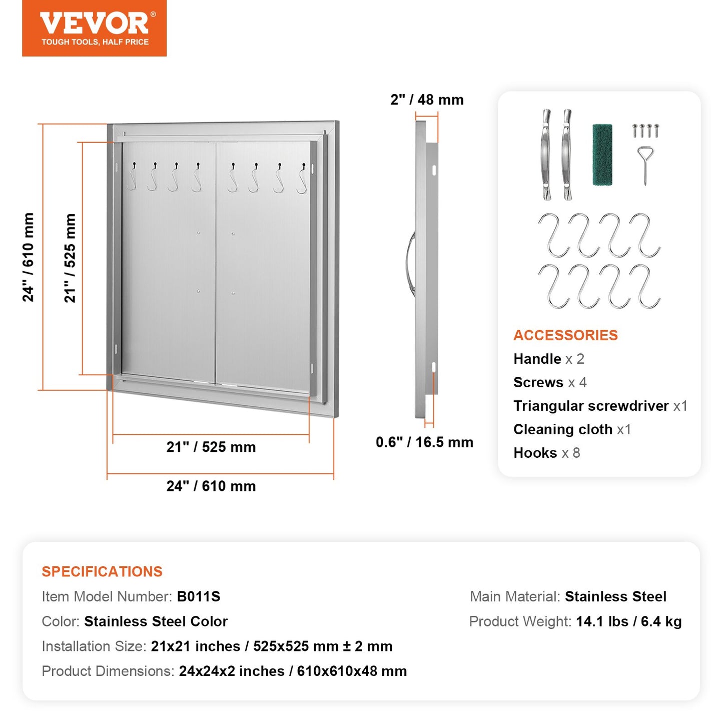 BBQ Access Door, 610x610 mm Double Outdoor Kitchen Door, Stainless Steel Flush Mount Door, Double Wall Vertical Door with Handles and Hooks, for BBQ Island, Grilling Station, Outside Cabinet
