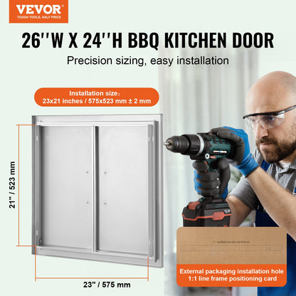 BBQ Access Door, 660x609 mm Double Outdoor Kitchen Door, Stainless Steel Flush Mount Door, Wall Vertical Door with Handles, for BBQ Island, Grilling Station, Outside Cabinet
