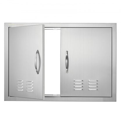 BBQ Access Door, 762x533 mm Double Outdoor Kitchen Door, Stainless Steel Flush Mount Door, Wall Vertical Door with Handles and Vents, for BBQ Island, Grilling Station, Outside Cabinet