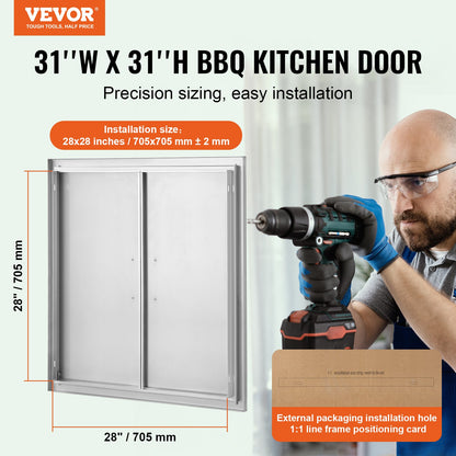 BBQ Access Door, 790x790 mm Double Outdoor Kitchen Door, Stainless Steel Flush Mount Door, Wall Vertical Door with Handles, for BBQ Island, Grilling Station, Outside Cabinet