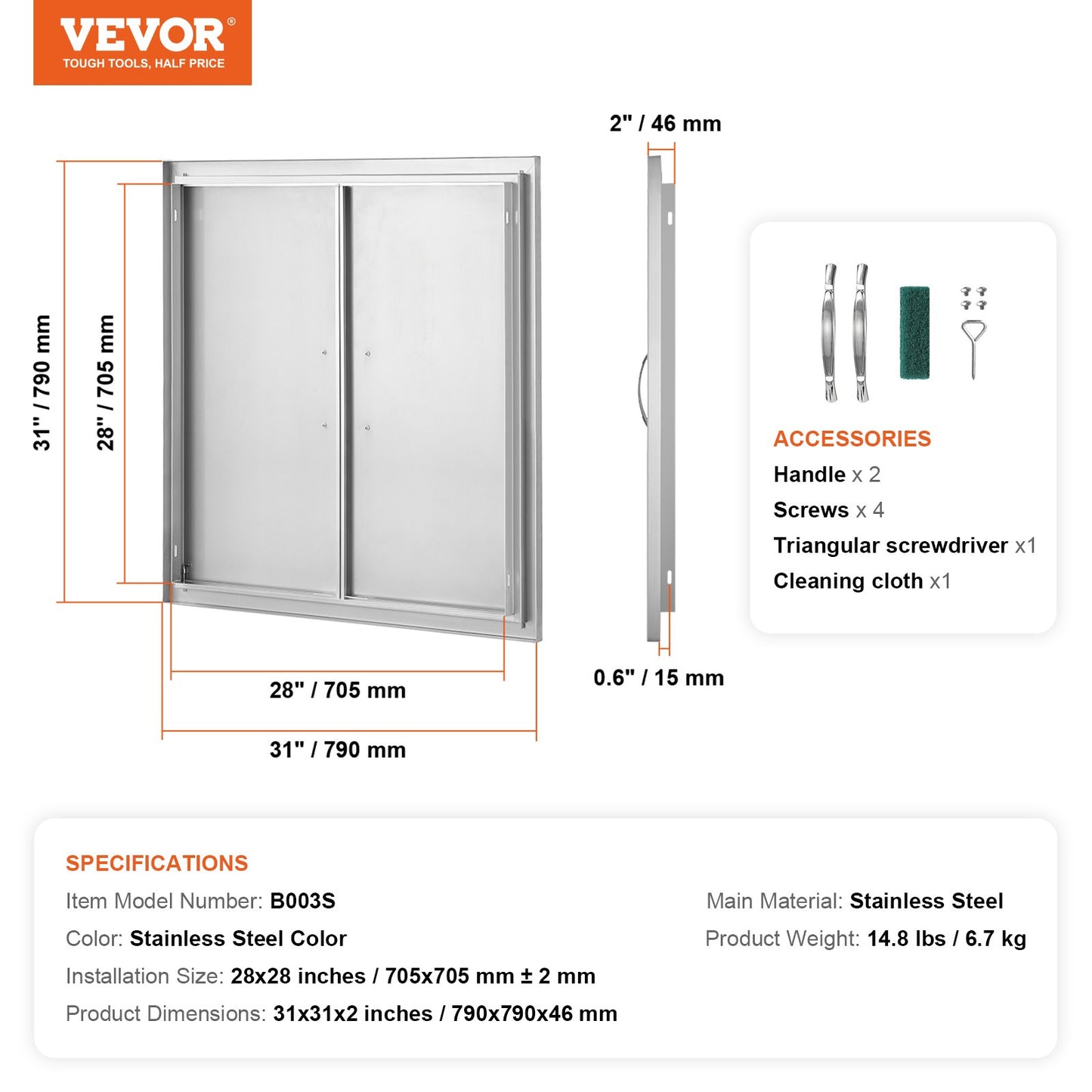 BBQ Access Door, 790x790 mm Double Outdoor Kitchen Door, Stainless Steel Flush Mount Door, Wall Vertical Door with Handles, for BBQ Island, Grilling Station, Outside Cabinet