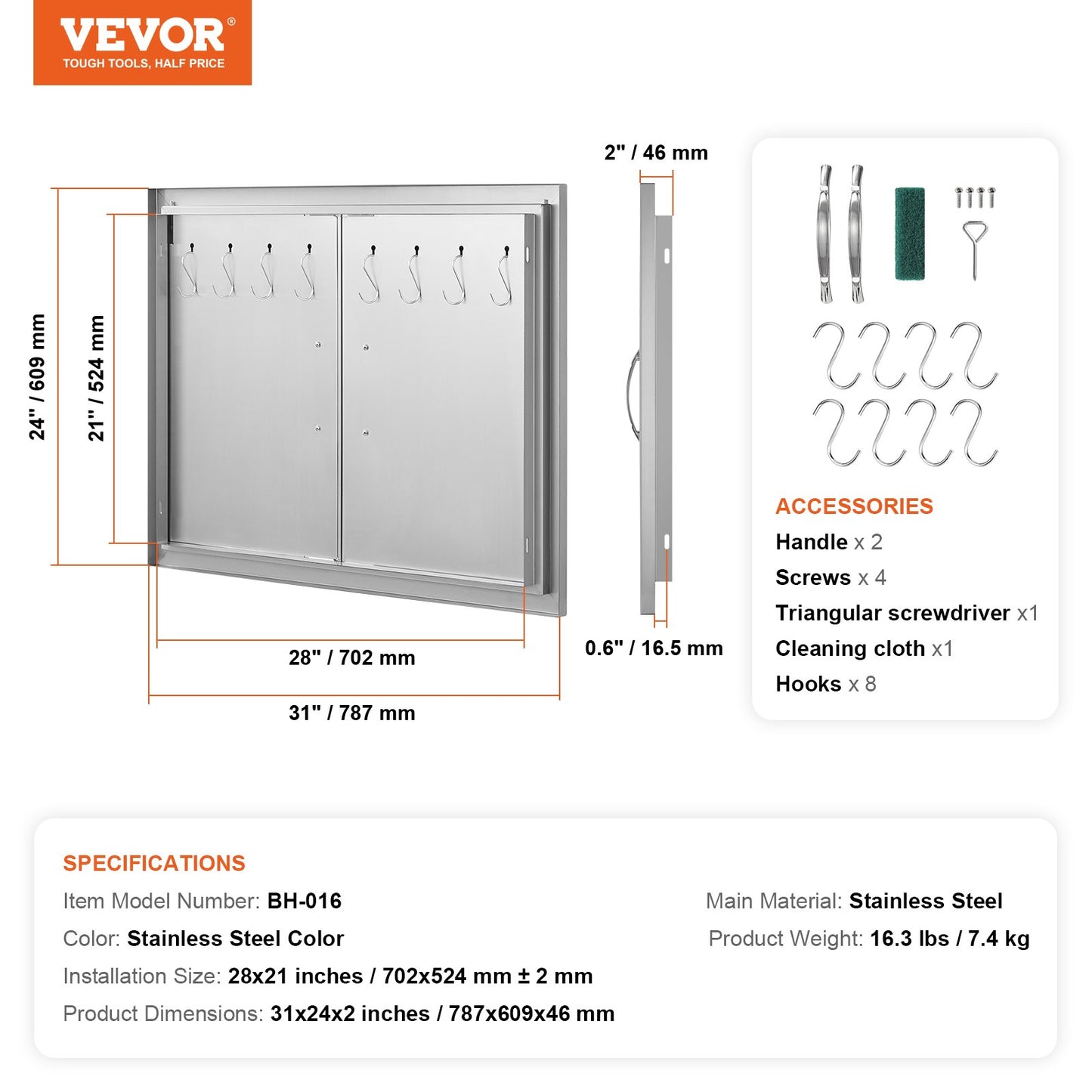 BBQ Access Door, 787x609 mm Double Outdoor Kitchen Door, Stainless Steel Flush Mount Door, Double Wall Vertical Door with Handles and Hooks, for BBQ Island, Grilling Station, Outside Cabinet