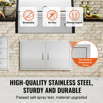 BBQ Access Door, 915x533 mm Double Outdoor Kitchen Door, Stainless Steel Flush Mount Door, Wall Vertical Door with Handles, for BBQ Island, Grilling Station, Outside Cabinet