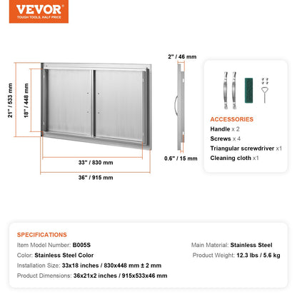 BBQ Access Door, 915x533 mm Double Outdoor Kitchen Door, Stainless Steel Flush Mount Door, Wall Vertical Door with Handles, for BBQ Island, Grilling Station, Outside Cabinet