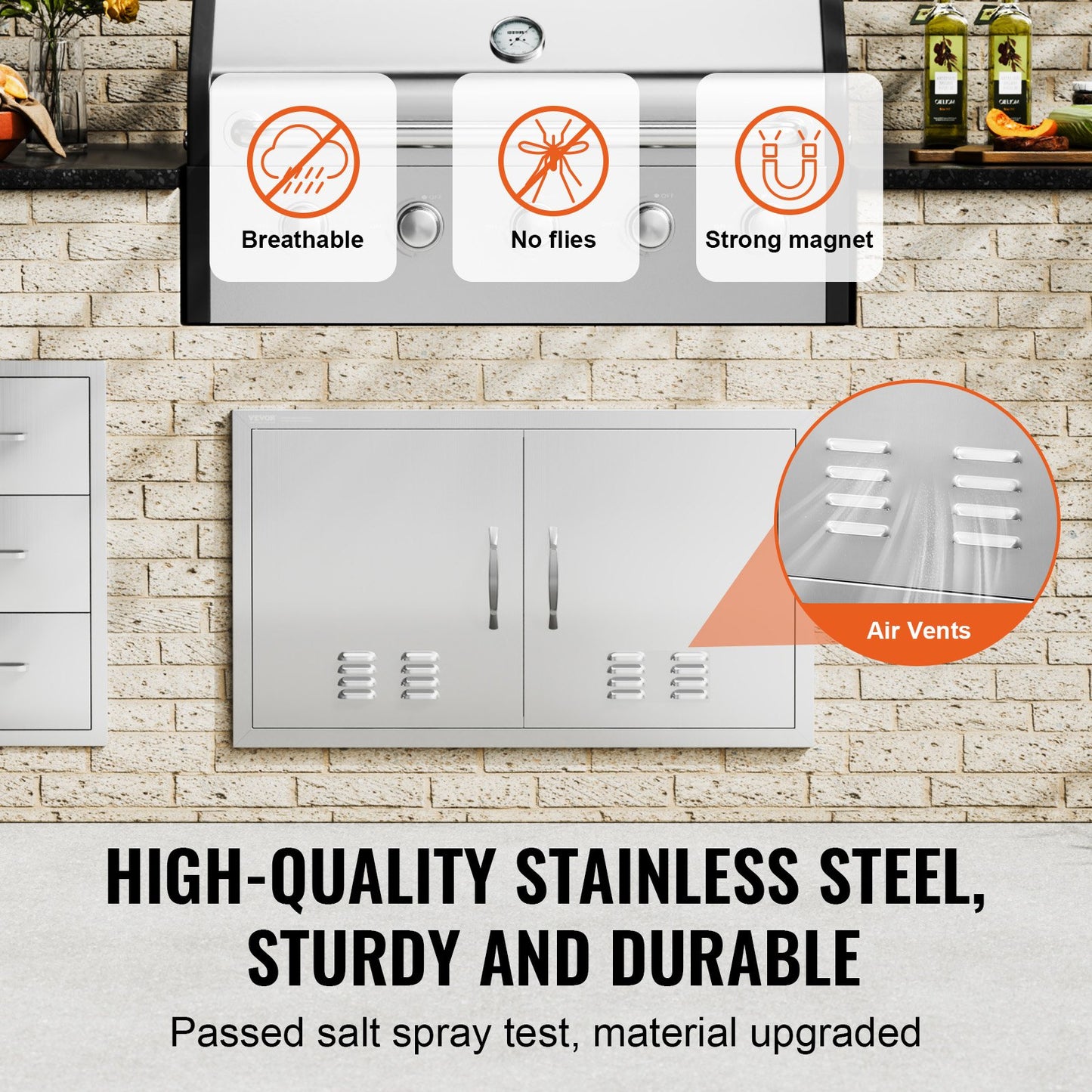 BBQ Access Door, 914x534 mm Double Outdoor Kitchen Door, Stainless Steel Flush Mount Door, Wall Vertical Door with Handles and Vents, for BBQ Island, Grilling Station, Outside Cabinet