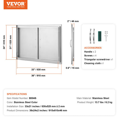BBQ Access Door, 915x610 mm Double Outdoor Kitchen Door, Stainless Steel Flush Mount Door, Wall Vertical Door with Handles, for BBQ Island, Grilling Station, Outside Cabinet