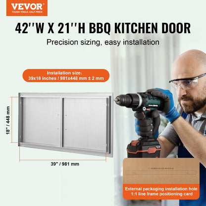 BBQ Access Door, 1067x534 mm Double Outdoor Kitchen Door, Stainless Steel Flush Mount Door, Wall Vertical Door with Handles, for BBQ Island, Grilling Station, Outside Cabinet