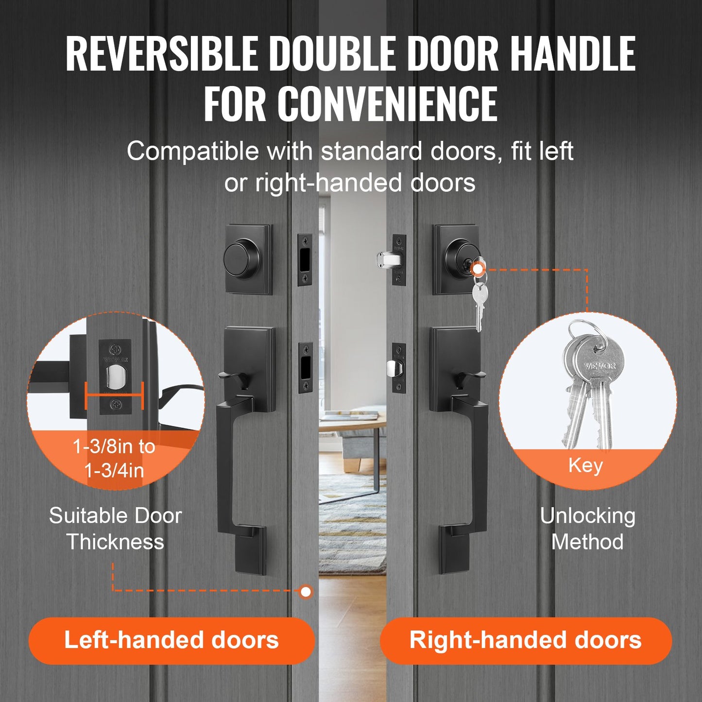 Double Door Handle Set, Matte Black Square Door Lever, Double Front Door Handle Set with Reversible Handle Lever, Heavy Duty Double Door Lock Set with Dummy, for Office Door or Front Door