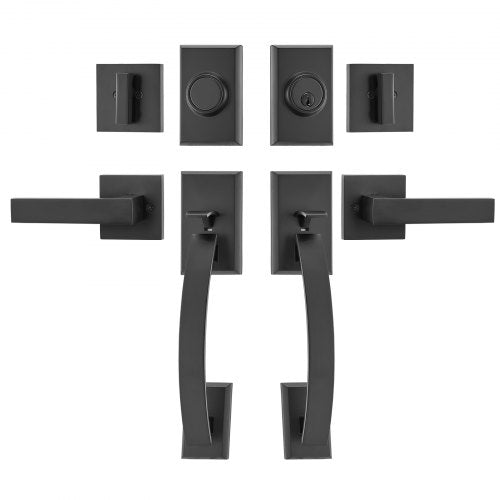 Doppeltürgriff-Set, mattschwarzer, gebogener Türdrücker, Doppeltürgriff-Set für die Haustür mit wendbarem Griff, robustes Doppeltürschloss-Set mit Blindstopfen, für Büro- oder Haustüren