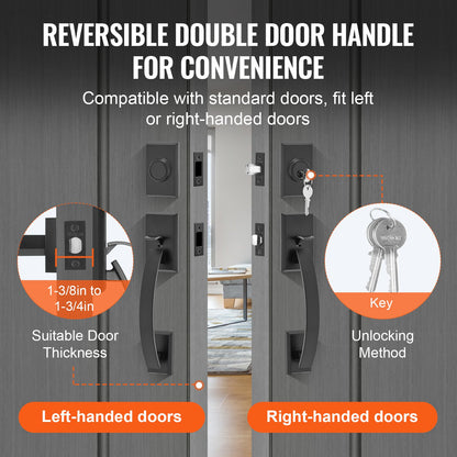 Double Door Handle Set, Matte Black Arched Door Lever, Double Front Door Handle Set with Reversible Handle Lever, Heavy Duty Double Door Lock Set with Dummy, for Office Door or Front Door