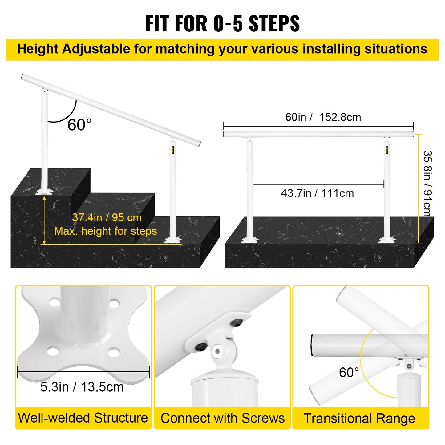 Stair Railing Kit, 152.4 cm Handrails for Outdoor 0-5 Steps, Adjustable Angle White Aluminum Stair Handrail, Indoor & Outdoor Stairs for the Elderly
