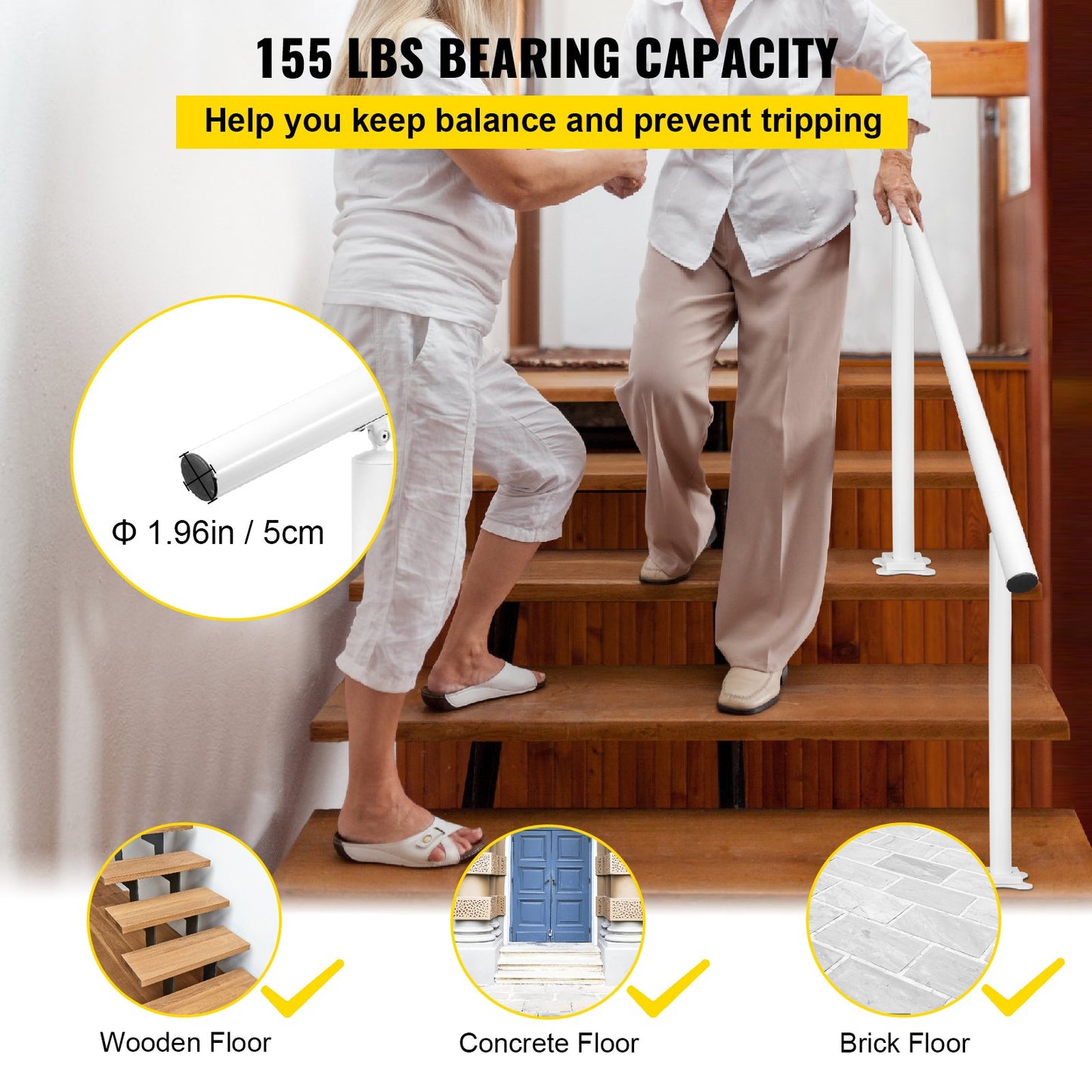 Stair Railing Kit, 152.4 cm Handrails for Outdoor 0-5 Steps, Adjustable Angle White Aluminum Stair Handrail, Indoor & Outdoor Stairs for the Elderly