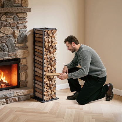 Brennholzregal für den Innenbereich, 33 × 32 × 112 cm, Holzstapelhalter, Tragkraft bis zu 45 kg, hoher Holzständer, pulverbeschichteter Stahl, robustes Holzregal für den Kamin