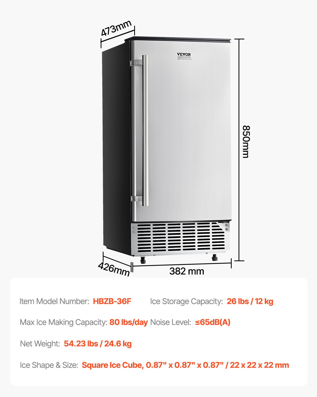 Undercounter Built-in Ice Maker, 80 Lbs/Day Under Counter Ice Maker Machine with Reversible Door Stainless Steel, Freestanding Ice Maker for Commercial Home Kitchen, Electric Drainage