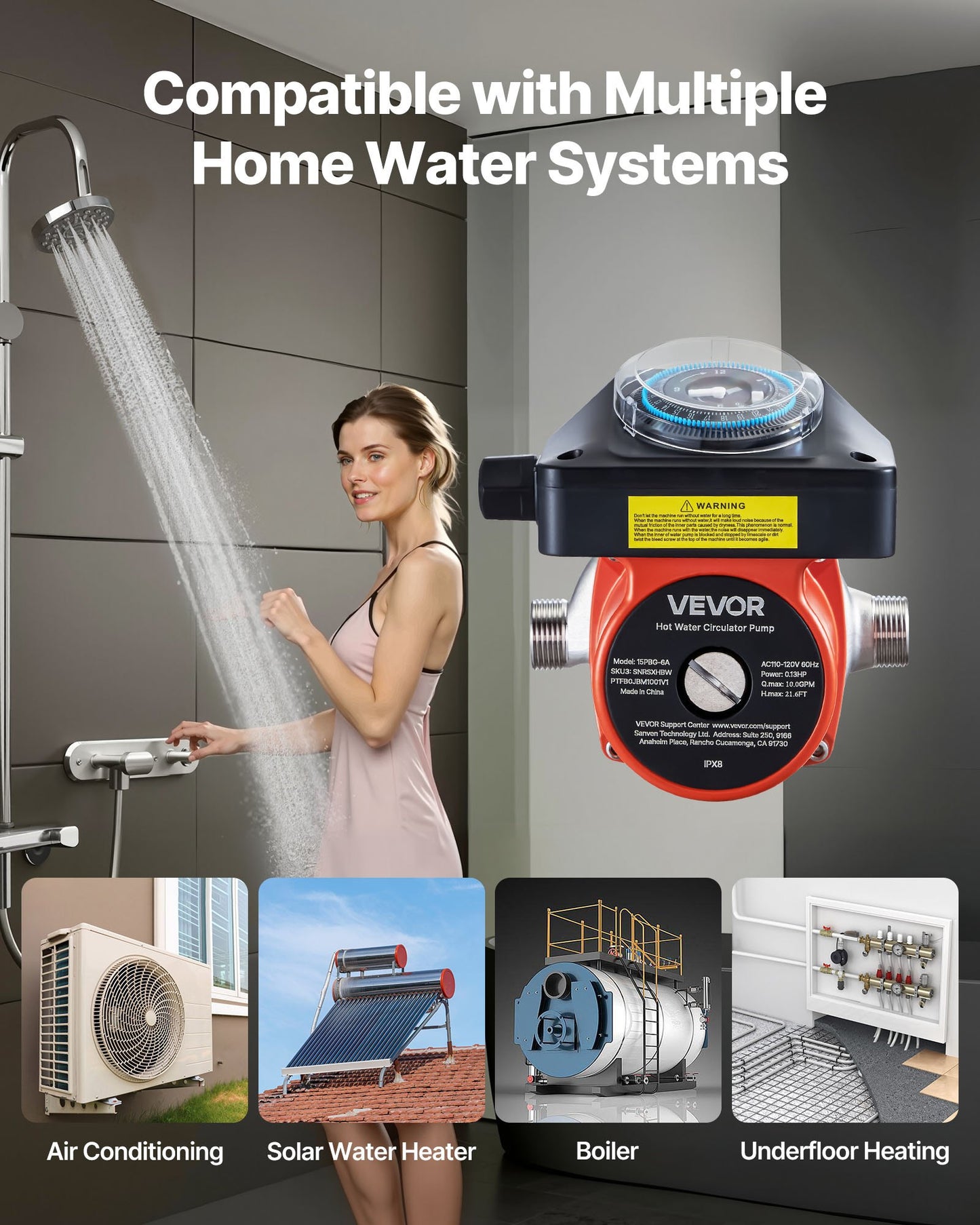 Hot Water Recirculating Pump, with Timer, 38 LPM Instant Recirculation Pump Kit, Circulation Circulator System, 100W AC 220-240V, G3/4 in to G1/2 in Connector, for Boiler Solar Water Heater