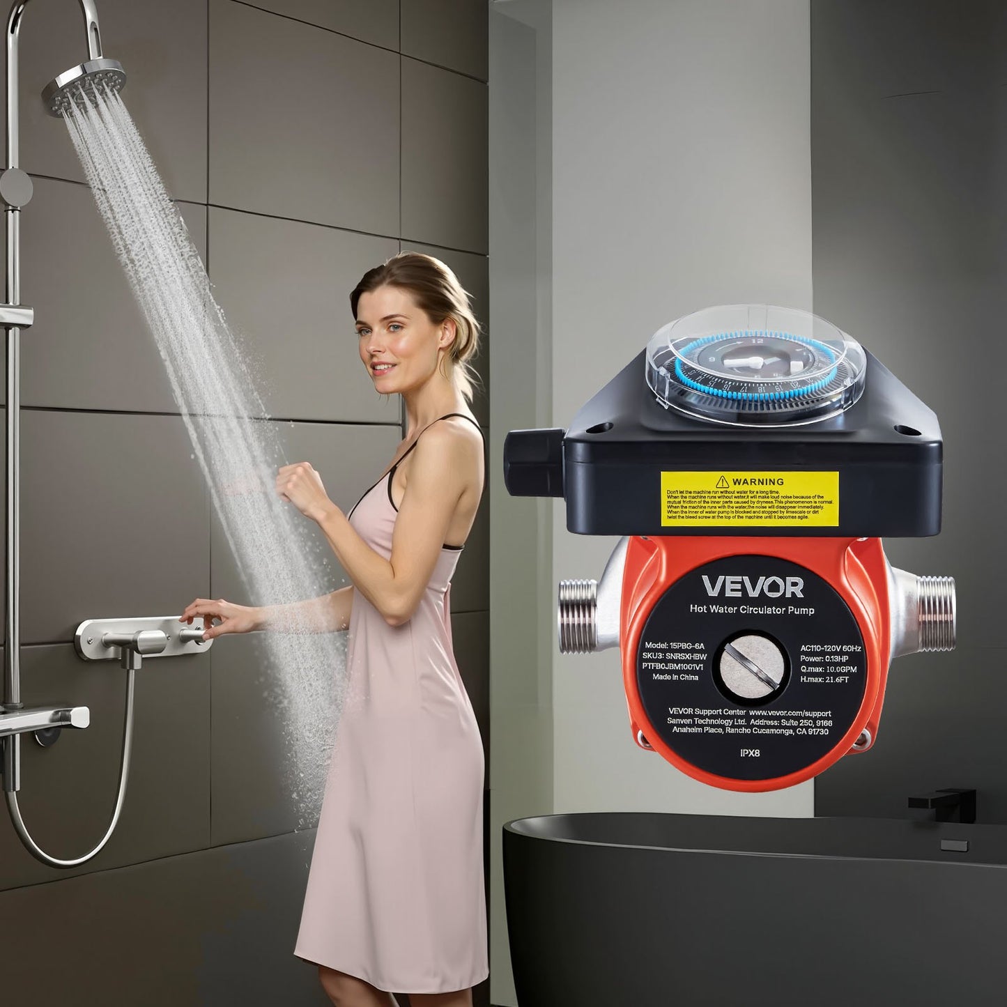 Hot Water Recirculating Pump, with Timer, 38 LPM Instant Recirculation Pump Kit, Circulation Circulator System, 100W AC 220-240V, G3/4 in to G1/2 in Connector, for Boiler Solar Water Heater