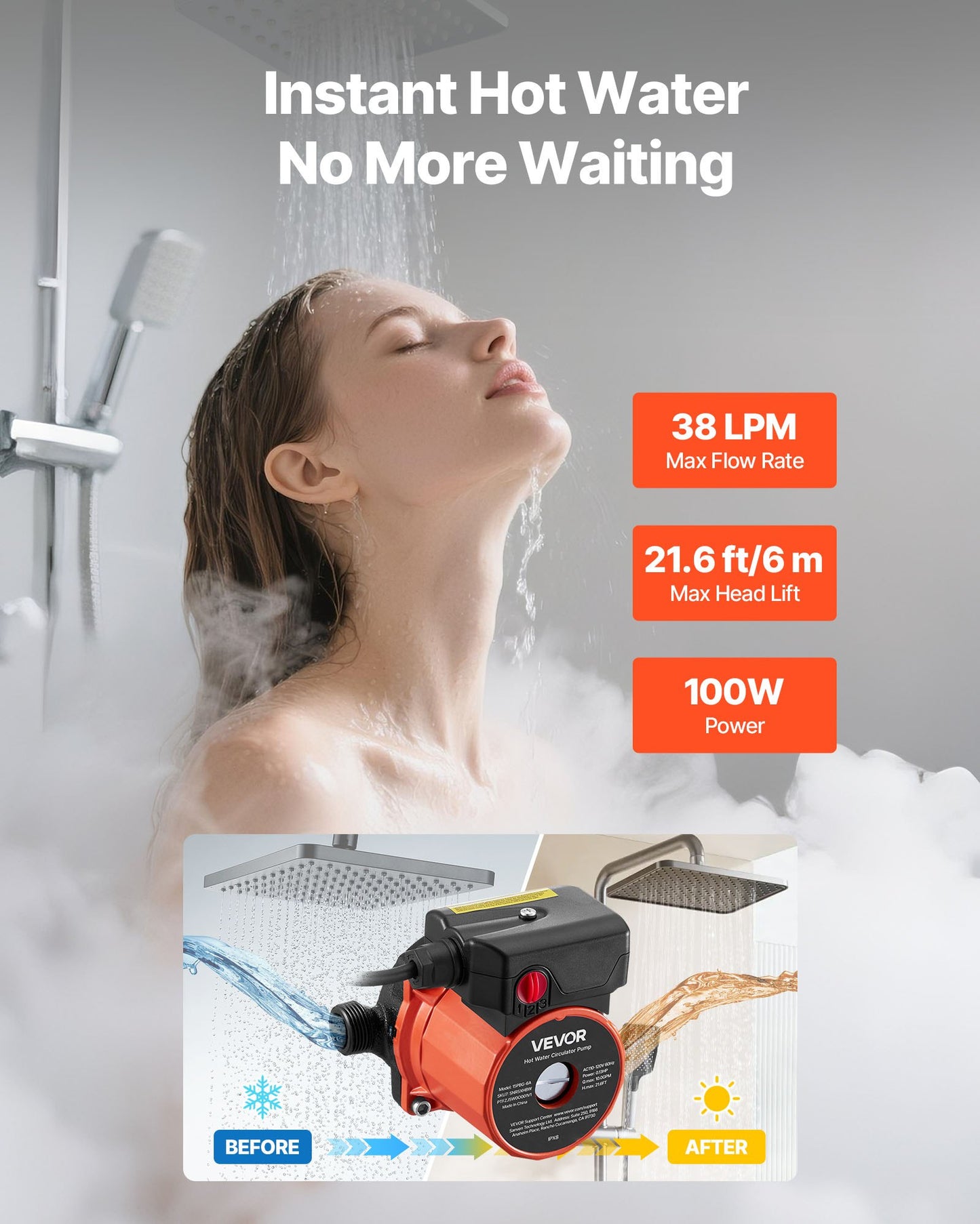 Hot Water Recirculating Pump, 38 LPM, Instant Circulation Circulator Pump System, 3-Speed Control, 100W, AC 220-240V, G3/4 in to G1/2 in Adapter, Cast Iron Head, for Water Heater System