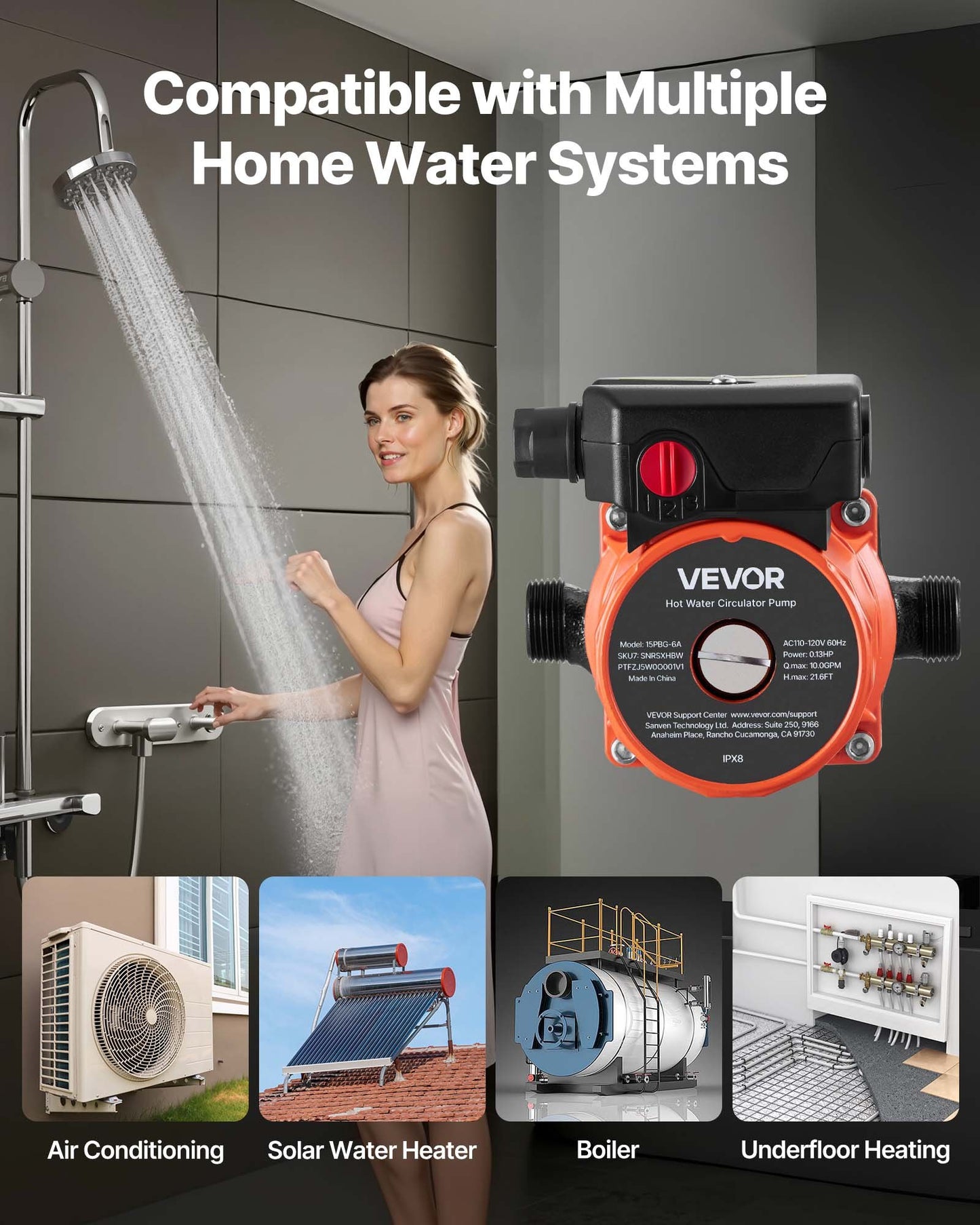 Hot Water Recirculating Pump, 38 LPM, Instant Circulation Circulator Pump System, 3-Speed Control, 100W, AC 220-240V, G3/4 in to G1/2 in Adapter, Cast Iron Head, for Water Heater System