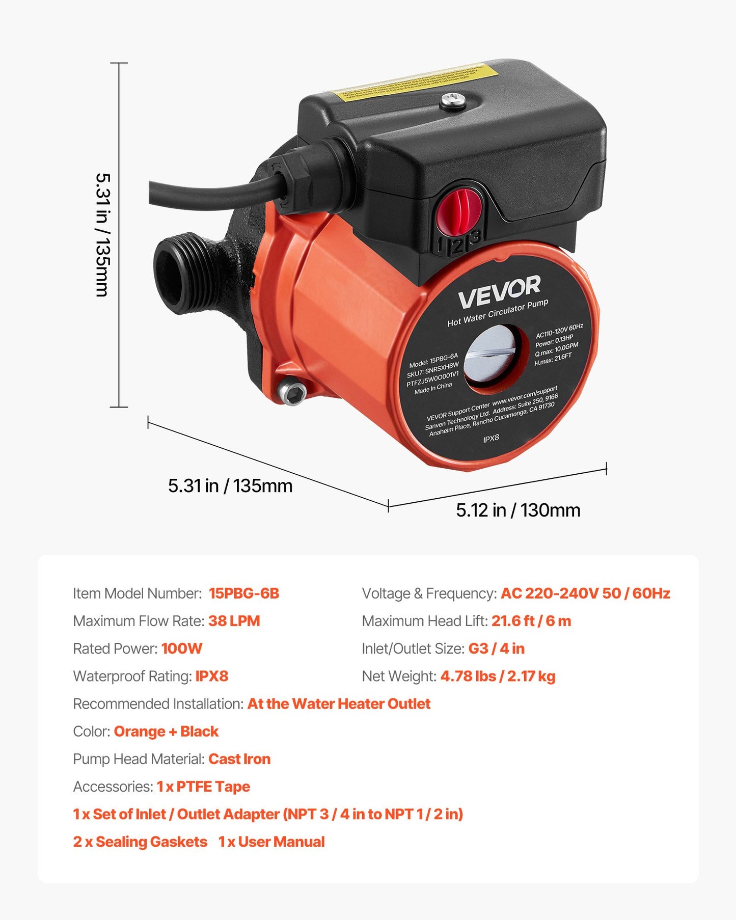 Hot Water Recirculating Pump, 38 LPM, Instant Circulation Circulator Pump System, 3-Speed Control, 100W, AC 220-240V, G3/4 in to G1/2 in Adapter, Cast Iron Head, for Water Heater System