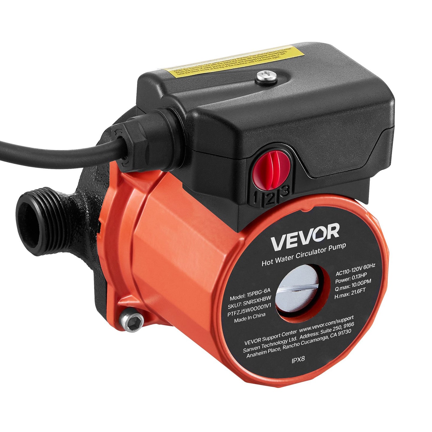 Hot Water Recirculating Pump, 38 LPM, Instant Circulation Circulator Pump System, 3-Speed Control, 100W, AC 220-240V, G3/4 in to G1/2 in Adapter, Cast Iron Head, for Water Heater System