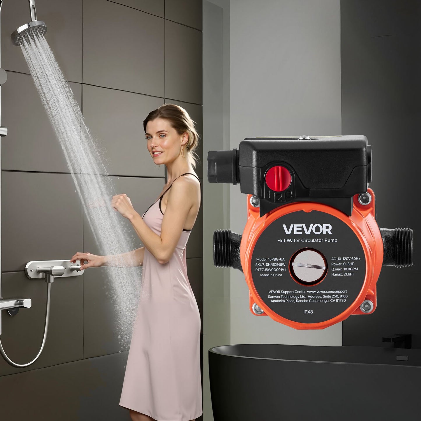 Hot Water Recirculating Pump, 38 LPM, Instant Circulation Circulator Pump System, 3-Speed Control, 100W, AC 220-240V, G3/4 in to G1/2 in Adapter, Cast Iron Head, for Water Heater System