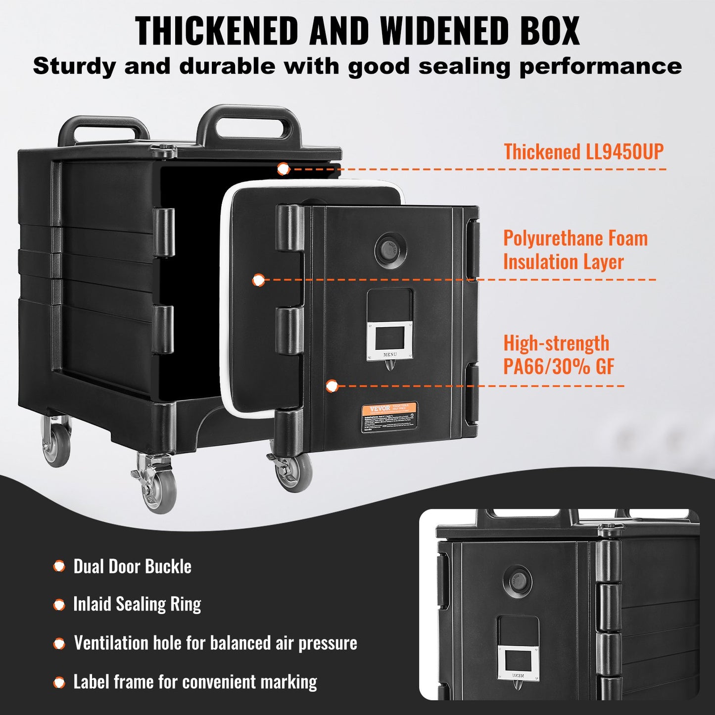 Insulated Food Pan Carrier, 81 Qt Hot Box for Catering, Food Box Carrier with Double Buckles, Front Loading Food Warmer with Handles, Stackable End Loader with Wheels for Restaurant, Canteen