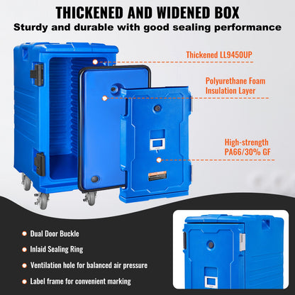 Insulated Food Pan Carrier, 127 Qt Hot Box for Catering, Food Box Carrier with Double Buckles, Front Loading Food Warmer with Handles, End Loader with Wheels for Restaurant, Canteen