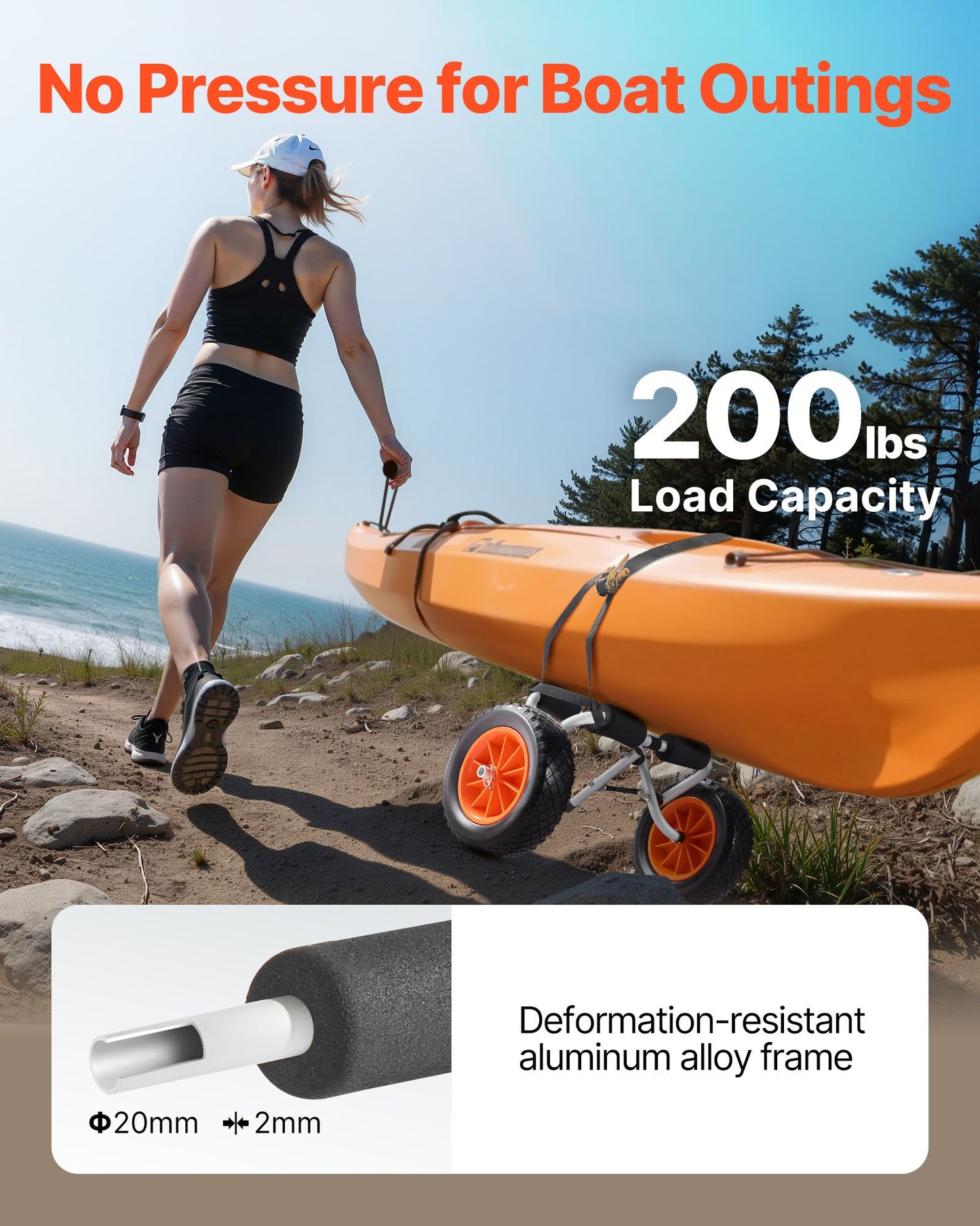 Kayak Cart, 90 kg Load Capacity, Foldable Kayak Trolley with 25.4 cm Solid Rubber Tires & 1 Ratchet Strap, Paddle Board Trolley for Carrying Kayaks, Canoes, Paddleboards, Float Mats, Jon Boats