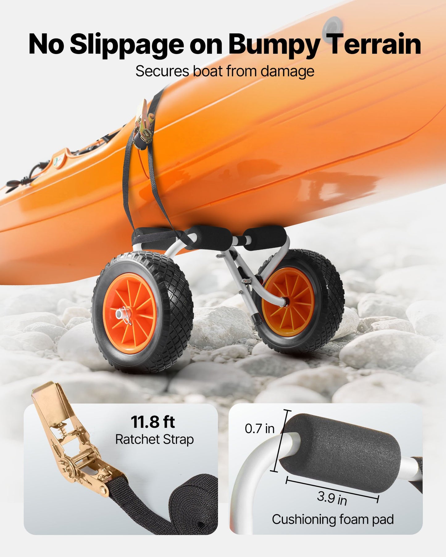 Kayak Cart, 90 kg Load Capacity, Foldable Kayak Trolley with 25.4 cm Solid Rubber Tires & 1 Ratchet Strap, Paddle Board Trolley for Carrying Kayaks, Canoes, Paddleboards, Float Mats, Jon Boats