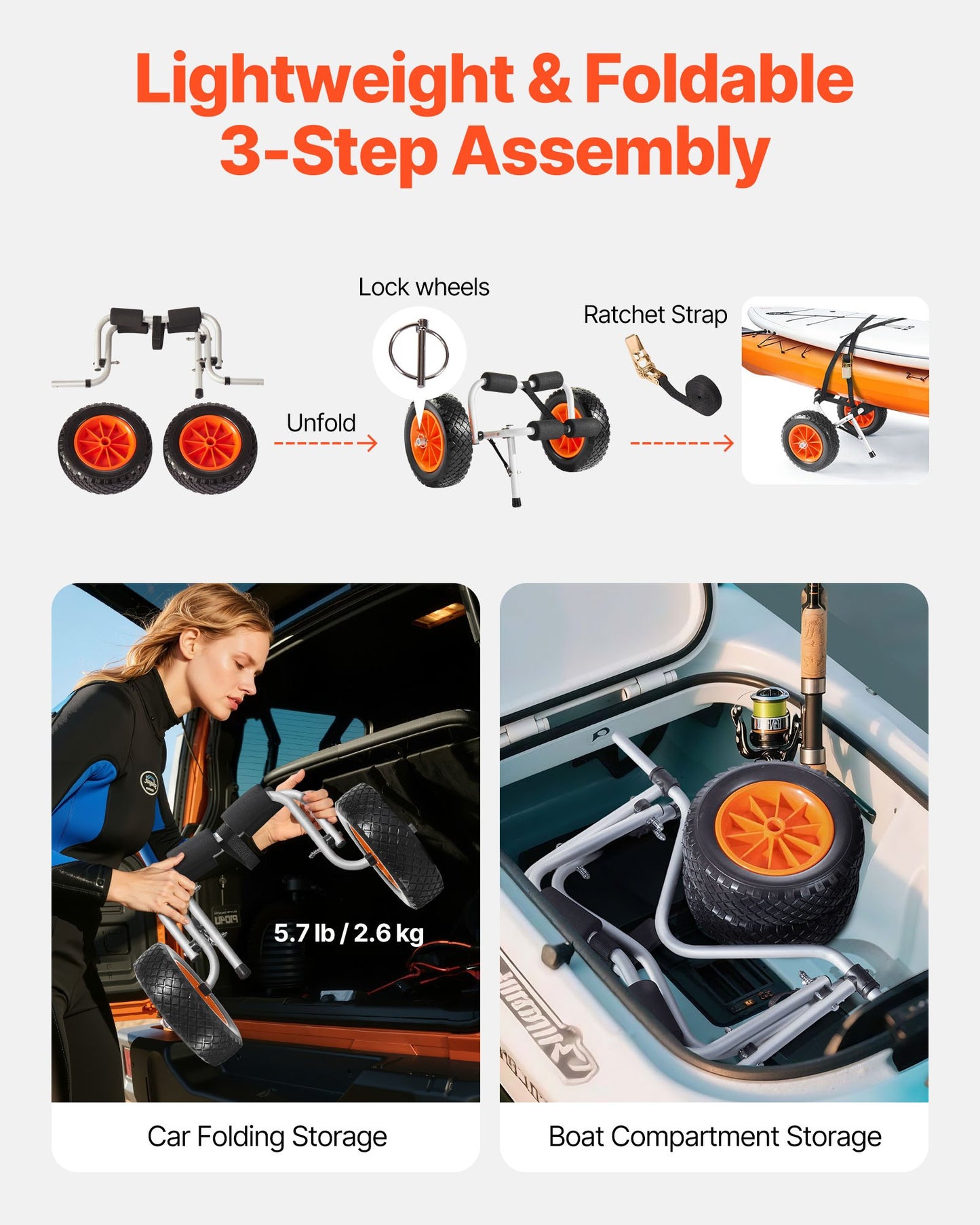 Kayak Cart, 90 kg Load Capacity, Foldable Kayak Trolley with 25.4 cm Solid Rubber Tires & 1 Ratchet Strap, Paddle Board Trolley for Carrying Kayaks, Canoes, Paddleboards, Float Mats, Jon Boats