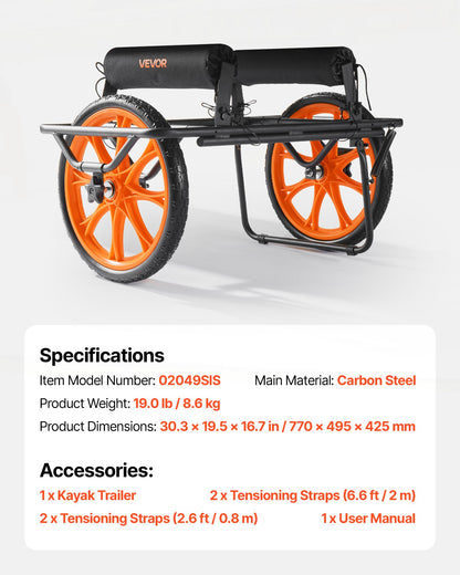 Kayak Cart, 149.7 kg Load Capacity, Canoe Cart Dolly with 38.1 cm Solid Rubber Tires & Kickstand, Assembles & Disassembles Within Seconds, Paddle Board Trolley for Kayaks, Canoes, Paddleboards