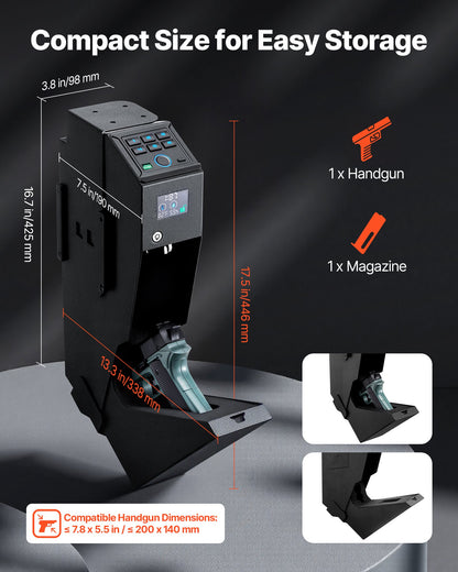 Gun Safe, Slider Handgun Gun Safe with Screen, Fingerprint/Password/Key, 3-Way Quick Access Firearm Case Box with LED for 1 Pistol & Magazine, Mounted Gun Box for Nightstand Bedside Desk Car