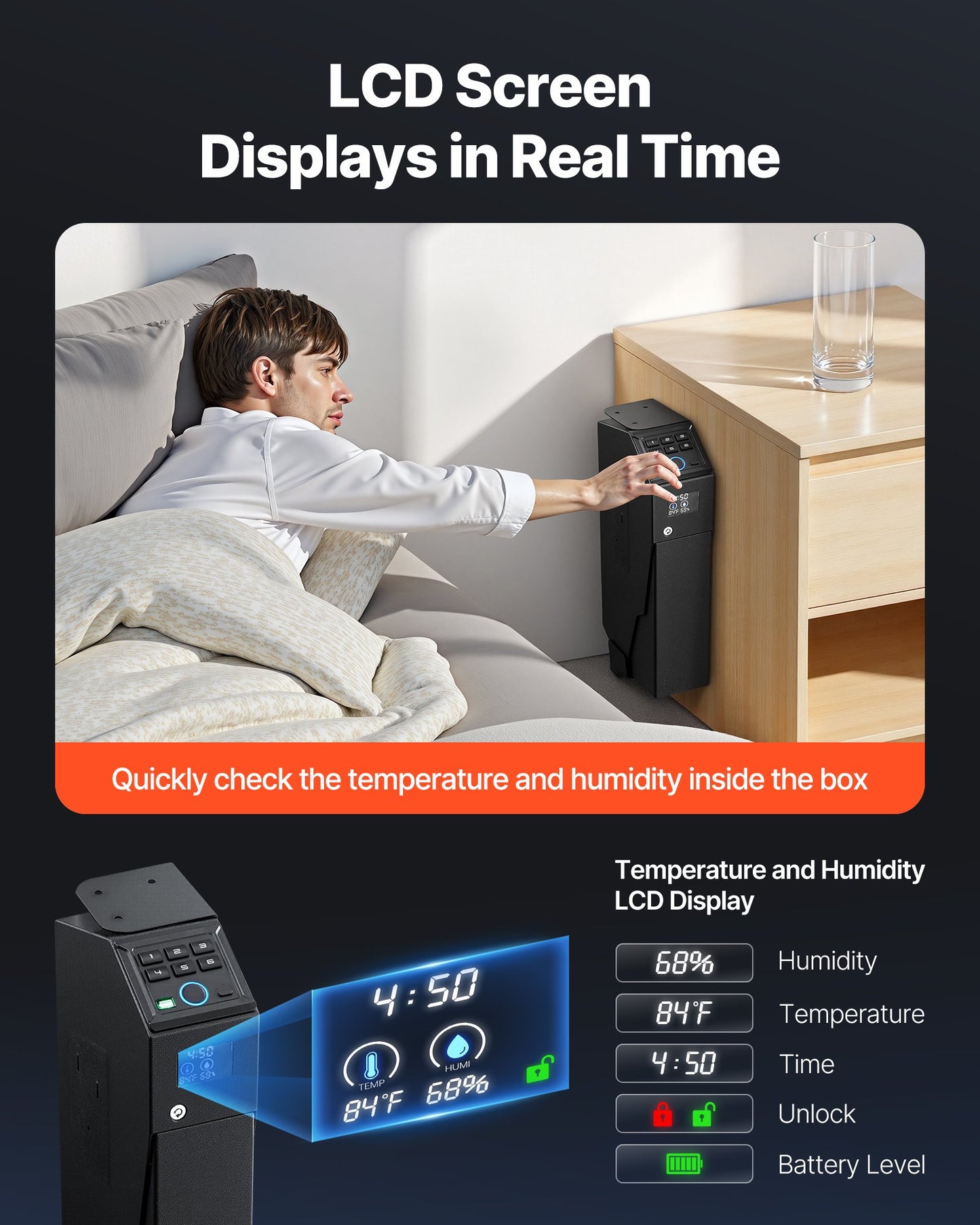 Gun Safe, Slider Handgun Gun Safe with Screen, Fingerprint/Password/Key, 3-Way Quick Access Firearm Case Box with LED for 1 Pistol & Magazine, Mounted Gun Box for Nightstand Bedside Desk Car