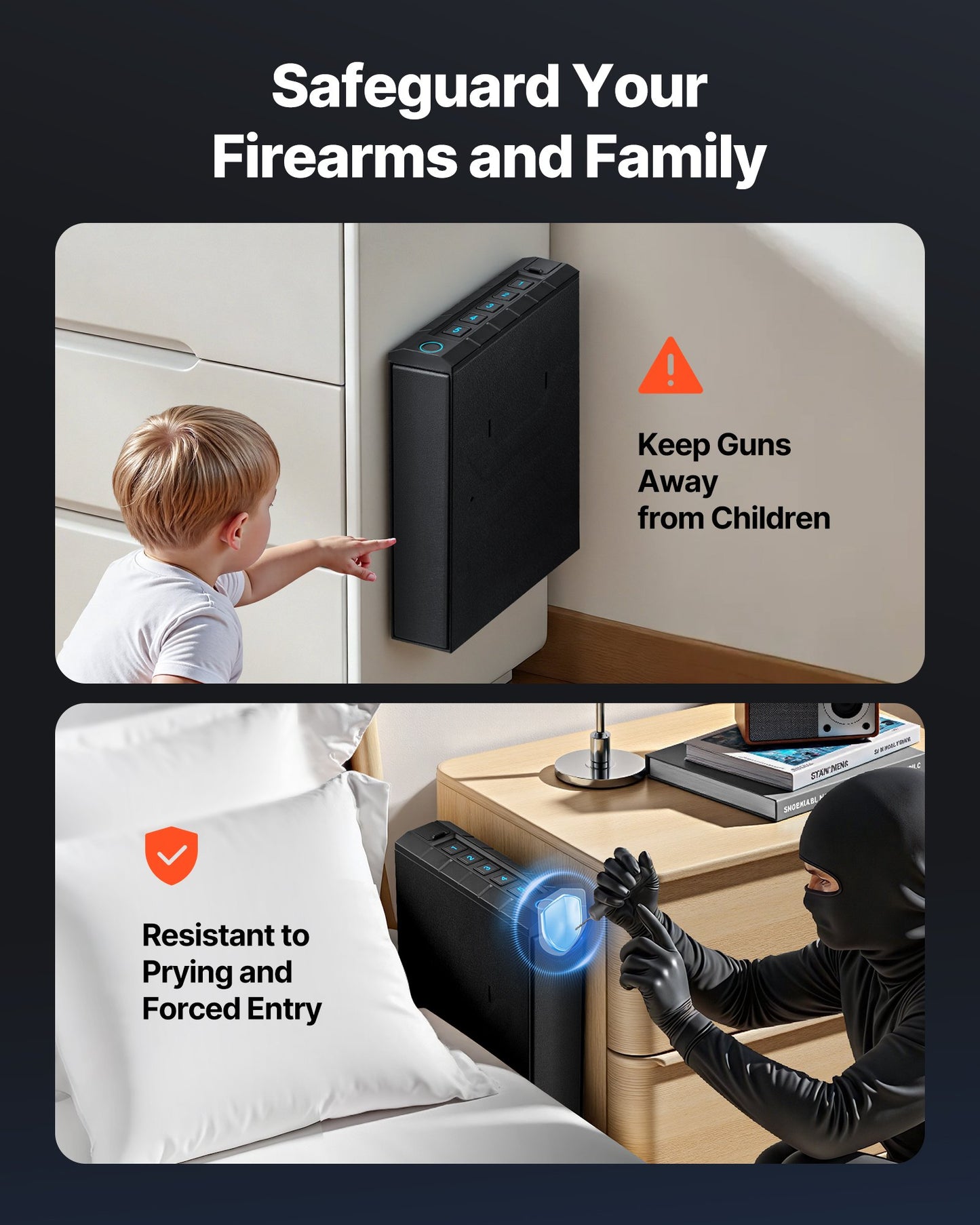 Gun Safe, Slider Handgun Gun Safe with Fingerprint/Password/Key, 3-Way Quick Access Firearm Case Box with Lighting for 1 Pistol & Magazine, Mounted Pistol Gun Box for Nightstand Bedside Desk Car