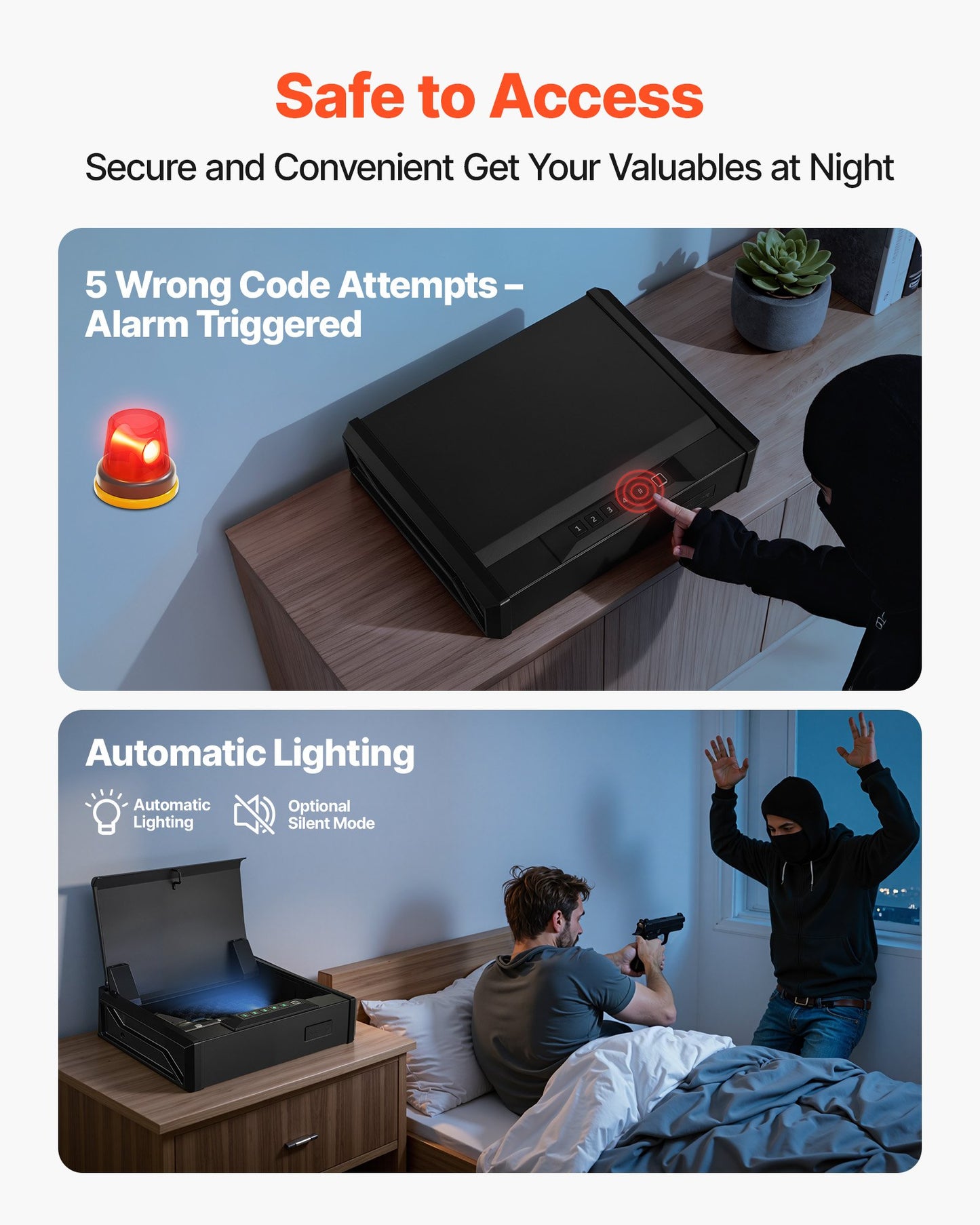 Gun Safe, Heavy Duty Handgun Safe with Fingerprint/Password/Key, 3-Way Quick Access Firearm Case Box with Lighting for 2 Pistols & 2 Magazines, Pistol Gun Box for Nightstand Bedside Desk Car