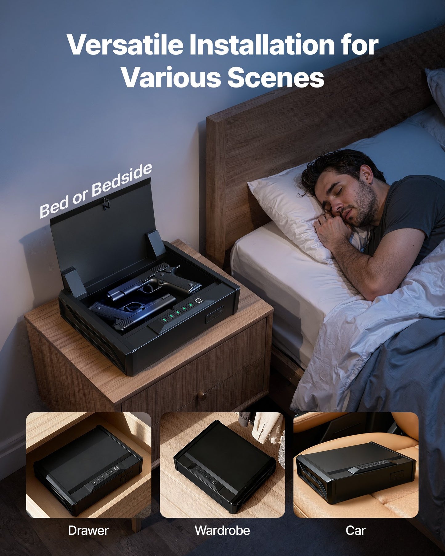 Gun Safe, Heavy Duty Handgun Safe with Fingerprint/Password/Key, 3-Way Quick Access Firearm Case Box with Lighting for 2 Pistols & 2 Magazines, Pistol Gun Box for Nightstand Bedside Desk Car