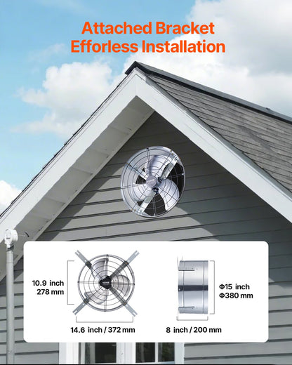 Gable Mount Fan, 15 Inch Attic Exhaust Fan with Adjustable Thermostat & Outer Mesh, 1300 CFM House Ventilator Cools Up to 1850 Sq.Ft, Quiet Ventilation for Roof, Garage & Shop, Galvanized Color