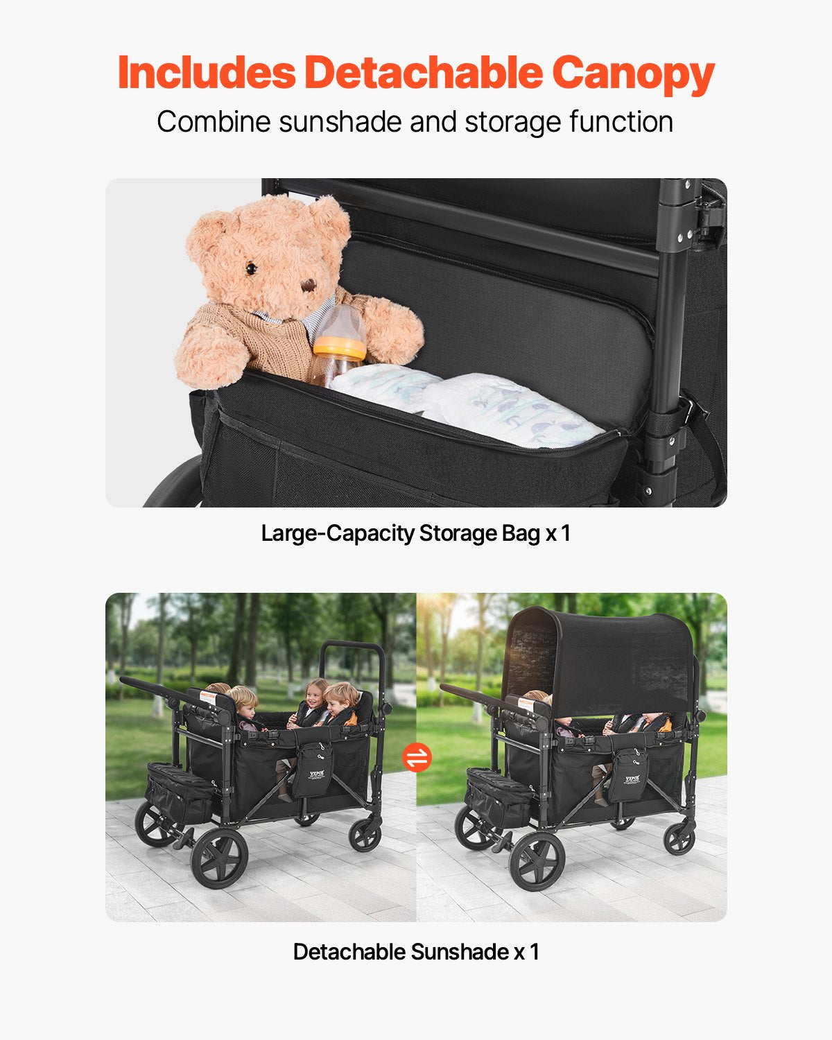 Wagon Stroller for 4 Kids, Push Pull Quad Collapsible Stroller with Adjustable Handle, 5-Point Safety Harness & Removable Canopy, 4-Seater Stroller Wagon for Camping, Black (330LBS Loading)
