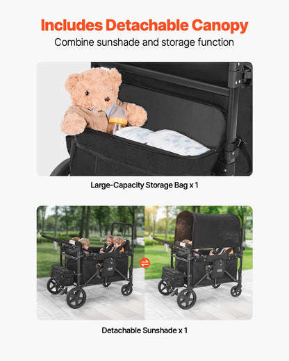Wagon Stroller for 4 Kids, Push Pull Quad Collapsible Stroller with Adjustable Handle, 5-Point Safety Harness & Removable Canopy, 4-Seater Stroller Wagon for Camping, Black (330LBS Loading)