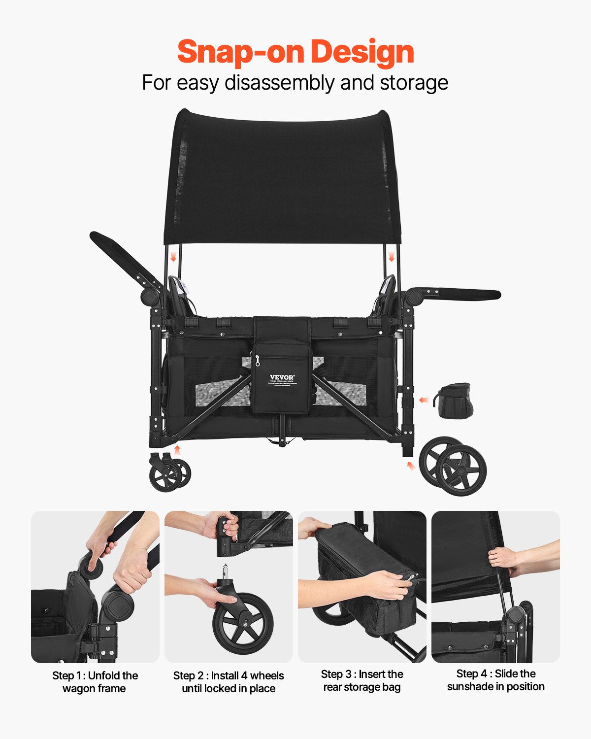 Wagon Stroller for 4 Kids, Push Pull Quad Collapsible Stroller with Adjustable Handle, 5-Point Safety Harness & Removable Canopy, 4-Seater Stroller Wagon for Camping, Black (330LBS Loading)