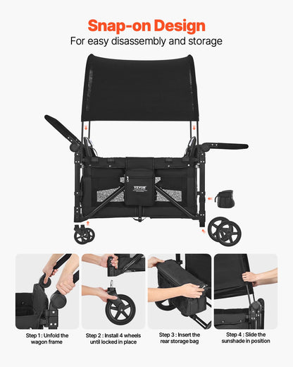 Wagon Stroller for 4 Kids, Push Pull Quad Collapsible Stroller with Adjustable Handle, 5-Point Safety Harness & Removable Canopy, 4-Seater Stroller Wagon for Camping, Black (330LBS Loading)