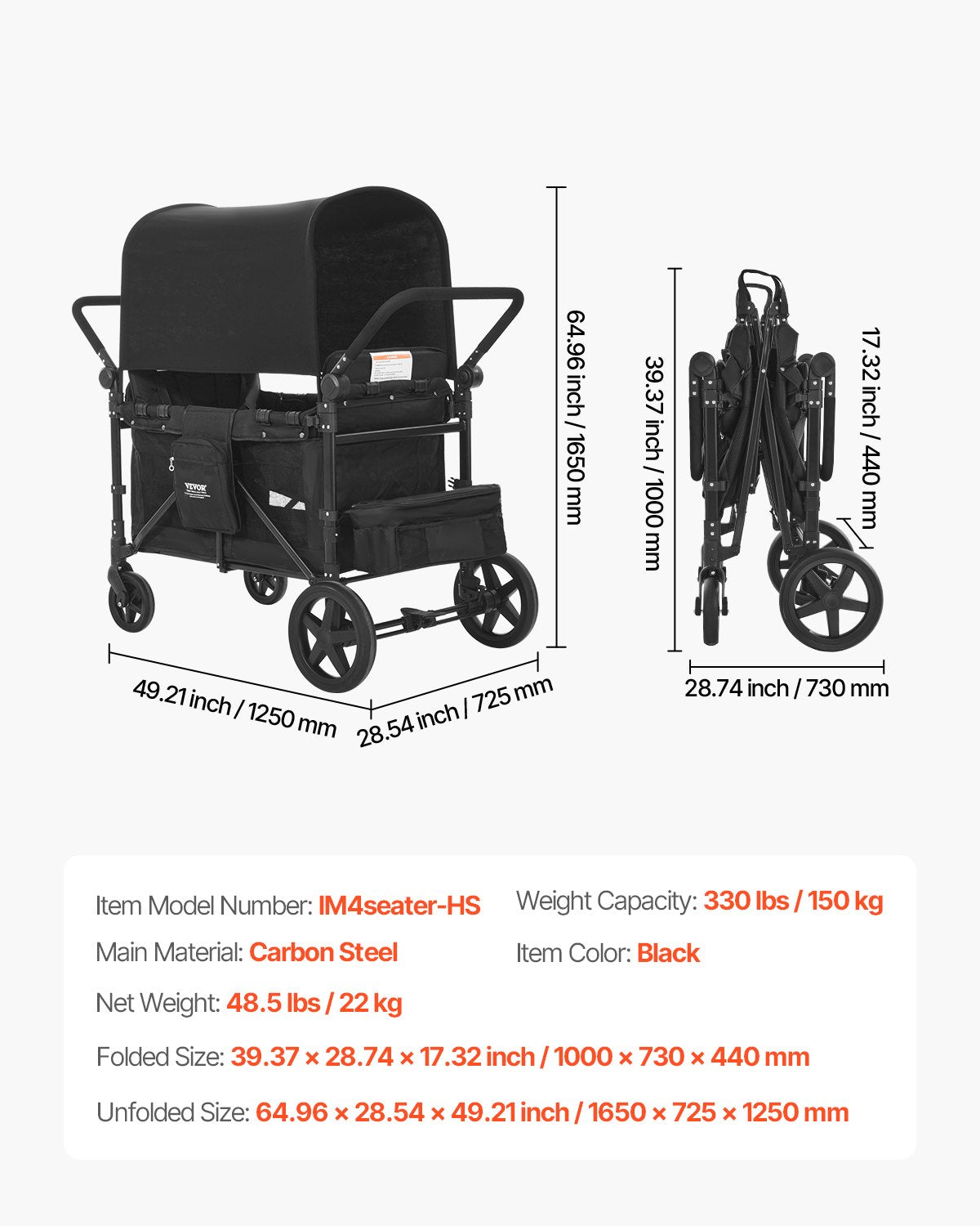 Wagon Stroller for 4 Kids, Push Pull Quad Collapsible Stroller with Adjustable Handle, 5-Point Safety Harness & Removable Canopy, 4-Seater Stroller Wagon for Camping, Black (330LBS Loading)