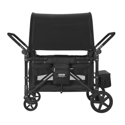 Wagon Stroller for 4 Kids, Push Pull Quad Collapsible Stroller with Adjustable Handle, 5-Point Safety Harness & Removable Canopy, 4-Seater Stroller Wagon for Camping, Black (330LBS Loading)