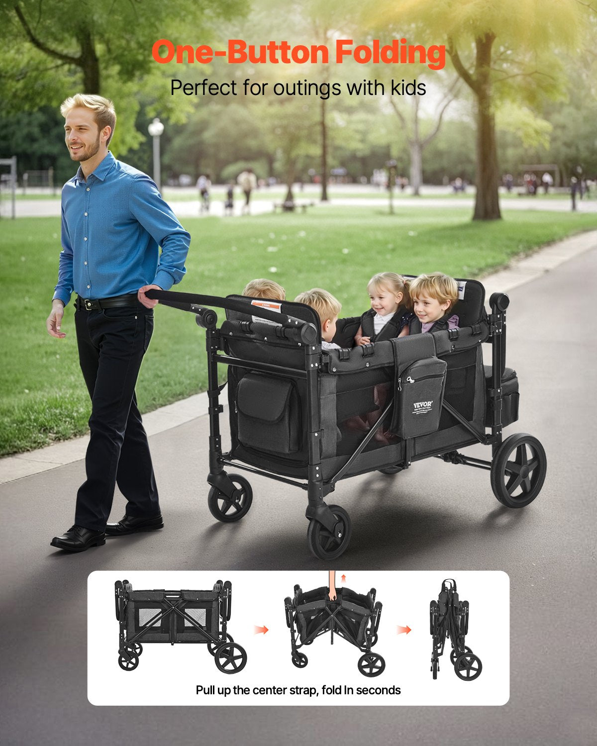 Wagon Stroller for 4 Kids, Push Pull Quad Collapsible Stroller with Adjustable Handle, Safety Harness & Removable Canopy, 4-Seater Stroller Wagon for Camping, Dark Gray & Black (330LBS Loading)