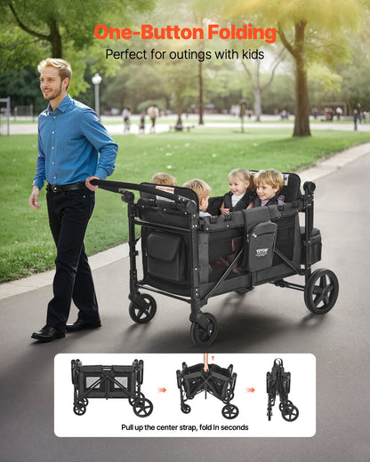 Wagon Stroller for 4 Kids, Push Pull Quad Collapsible Stroller with Adjustable Handle, Safety Harness & Removable Canopy, 4-Seater Stroller Wagon for Camping, Dark Gray & Black (330LBS Loading)