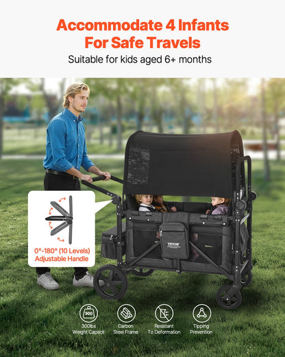 Wagon Stroller for 4 Kids, Push Pull Quad Collapsible Stroller with Adjustable Handle, Safety Harness & Removable Canopy, 4-Seater Stroller Wagon for Camping, Dark Gray & Black (330LBS Loading)