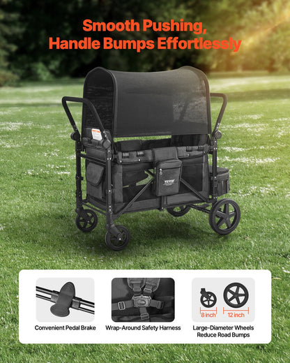Wagon Stroller for 4 Kids, Push Pull Quad Collapsible Stroller with Adjustable Handle, Safety Harness & Removable Canopy, 4-Seater Stroller Wagon for Camping, Dark Gray & Black (330LBS Loading)