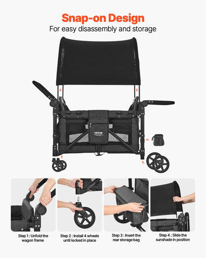 Wagon Stroller for 4 Kids, Push Pull Quad Collapsible Stroller with Adjustable Handle, Safety Harness & Removable Canopy, 4-Seater Stroller Wagon for Camping, Dark Gray & Black (330LBS Loading)